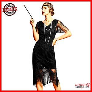 1920s Flapper Dress Sequin Fringe Midi Cocktail Party Size S